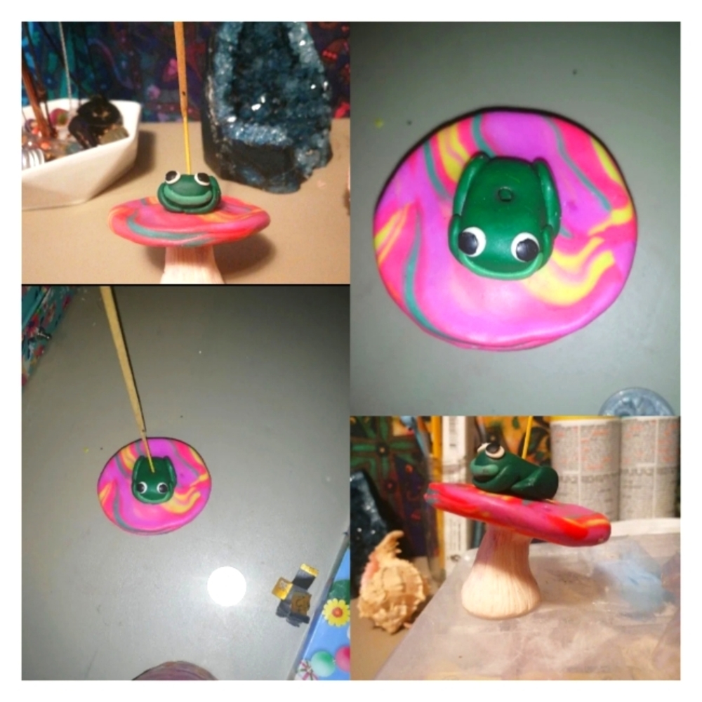 Handmade polymer clay frog insence holder
